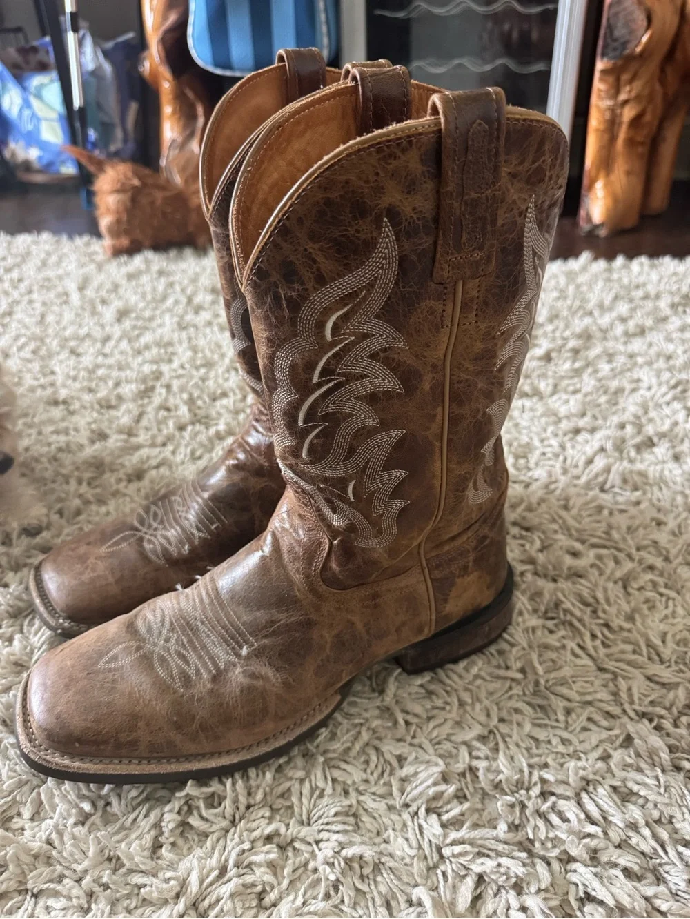 Distressed Brown Leather Cowboy Boots with White Stitching